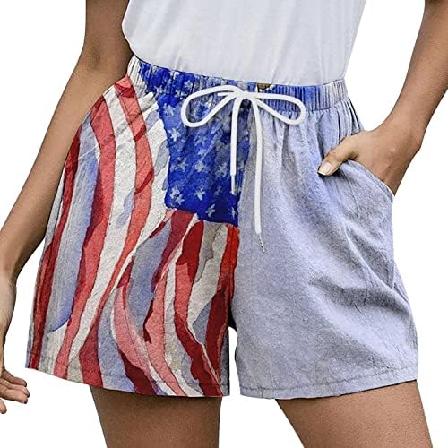 4 de julho Shorts Mulheres elásticas de cintura alta American Bandra Praia curta Destas de férias de verão curto shorts de praia com bolsos