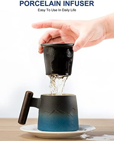 Copo de chá de cerâmica com alça de madeira infusor e tampa de chá para um chá de folhas soltas 400ml, 13,5 oz, gradiente azul marinho e preto