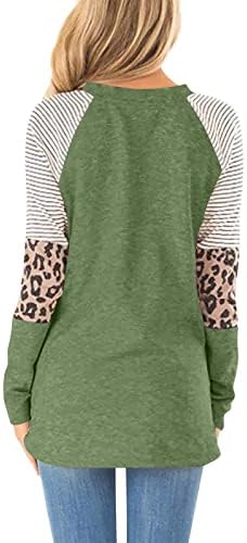 Nokmopo feminino na primavera e no outono de moda leopardo listra redonda pescoço de manga comprida t-shirt top slim