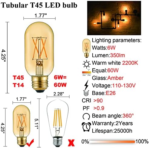 Pacote LiteHistory de lâmpada LED T6 4W = 40W 250LM E12 LED BUB e E26 Edison Bulb 6W = 60W Bulbo LED Tubular T14 T14 Tubular Tubular Tubular, Sputnik, Sconnces de parede