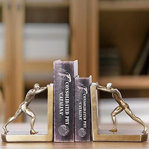 Mmllzel Decorative Book Shelf Bookends, Golden Man empurrando suporte para livros, Bolsa de resina Ornamentos de salnados