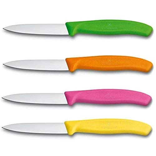 Victorinox suíço aço inoxidável Faca de paring de 3,25 polegadas, lança, verde pontudo, laranja, rosa e amarelo.