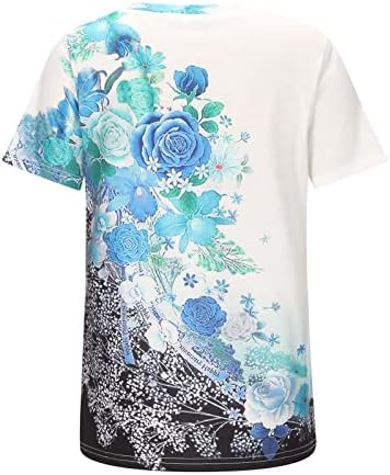 Mulheres azuis claros Blouses curtas Blouses Floral Graphic Loose Fit Tops Tshirt Crew Neck Neck Casual Summer Bloups Roups 6q