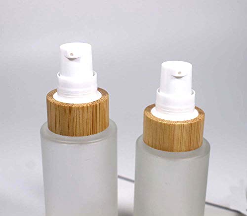 Garrafa de loção de vidro fosco, garrafas de creme cosmético de 2 pacote com tampa de bambu Distribuidor de bomba de spray de tampa de bambu para o líquido de emulsão essencial de emulsão de óleo essencial