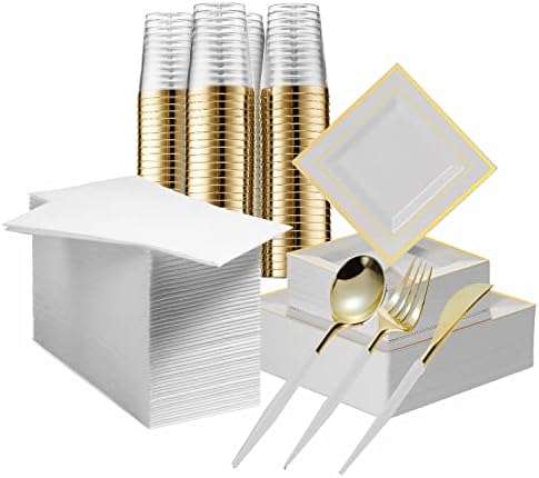 Placas descartáveis ​​de ouro Conjunto para 50 convidados - 350 peças Plásticas de plástico de ouro - 100 Placas de plástico quadrado com aro de ouro, 50 xícaras de plástico com aro de ouro, 50 guardanapos de papel, 50 conjuntos de talheres de ouro