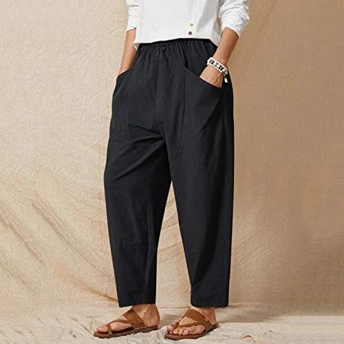 Calça de linho de algodão Capri Women Women Summer Casual Capri Pants com bolsos High Wistist