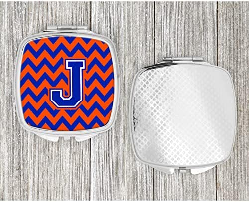 Tesouros de Caroline CJ1044-JSCM letra J Chevron Orange e espelho compacto azul, espelho de maquiagem de viagem decorativa