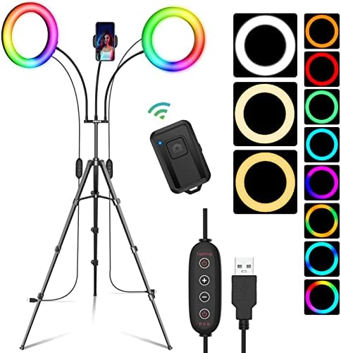 Luz de anel selfie de 8 RGB dual com suporte para suporte e suporte para telefone, suporte de luz extensível de 76 e redução 29 cores de luzes de círculo LED duplo para tiktok/transmissão ao vivo/maquiagem/youtube