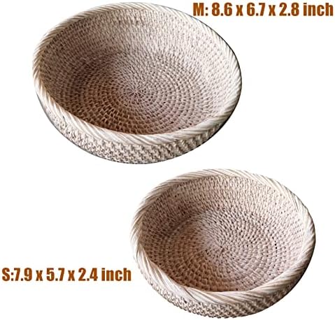 2Packs Lavar cesta de tigela redonda branca de vime, bandeja de cesta de vime artesanal decorativa branca com borda recortada e parede