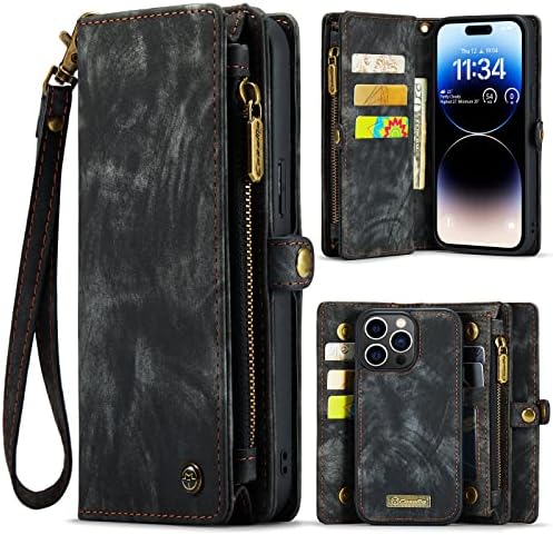 Casem para iPhone 14 Pro Max Wallet Case, Magnetic Flip Zipper Pocket Kickstand Cover premium Durável Caso de couro PU com suporte