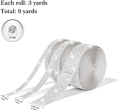 3 rolos 9 jardas de cristal de cristal autônomo Fita de diamante - Bling Diamond Sticks Wrap Roll DIY com strass 2 mm para artesanato, shinestone tiras de fita para decoração por telefone de carro