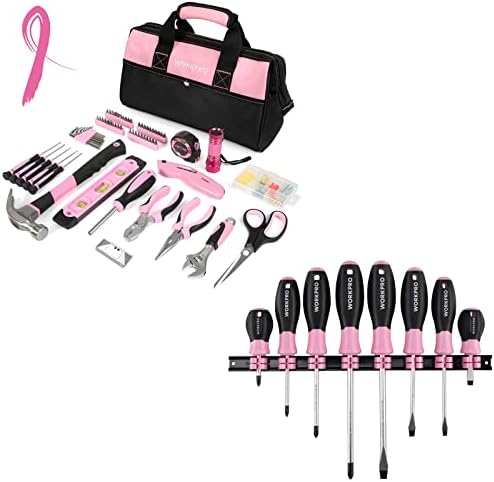 Kit de ferramentas rosa do WorkPro, ferramenta de reparo de casa de 114 peças da senhora conjunto com bolsa de armazenamento aberta de boca larga - fita rosa