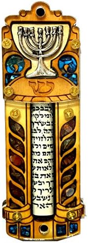 Caso judeu mezuzah com roll Menorah Wood & Gemtones Israel Judaica Door Mezuza 4