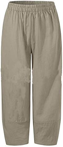 Calças de pernas largas casuais de verão femininas de algodão solto e calças de linho de cor sólida cintura elástica da cintura com bolsos