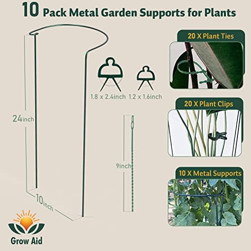 Grow Aid 10 Pack Plaks Stakes Trellis Garden para suporte de plantas | Estacas de jardim de metal semi-ring com 20 laços e clipes para escalada | Estacas de plantas para plantas internas e gaiola de tomate
