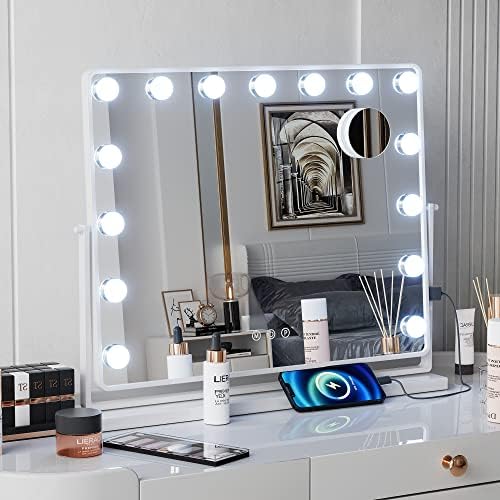 Espelho de vaidade grande de Richtop com luzes 23 x18 espelho de maquiagem de hollywood iluminado com espelho de molho de ampliação de 10x destacável com 15 lâmpadas LEDs advertáveis ​​360 ° Rotação