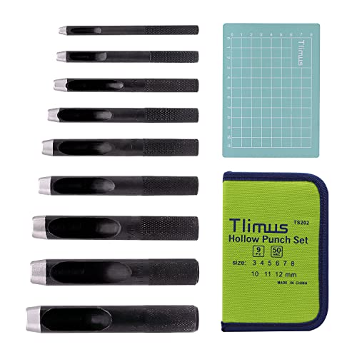 TLIMUS 9 Peças Conjunto de socos redondos para serviço pesado （3mm-12mm) Com uma almofada de corte livre, o conjunto de poços de couro