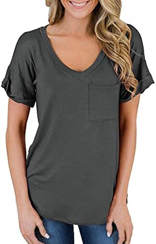 Camisas para mulheres modernas, camisetas soltas de mulheres, decote em V casual de cola sólida Camisa de tampas engraçadas de manga curta