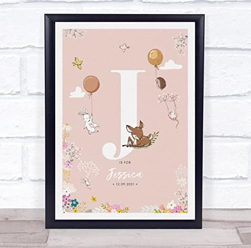 Detalhes do bebê Detalhes do berçário Bristing Woodland Animals Pink Initial J Print