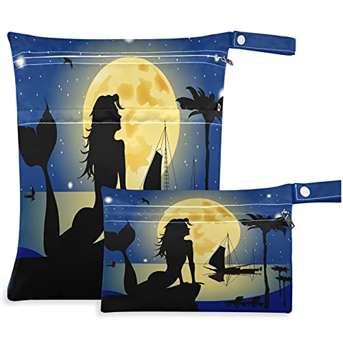 VISESUNNY Mermaid Moon Beach 2pcs bolsa molhada com bolsos com zíper bolsa de fraldas lagartas laváveis ​​para viajar, praia, piscina, creche, carrinho, fraldas, roupas de ginástica sujas, roupas de banho molhadas, produtos de higiene pessoal