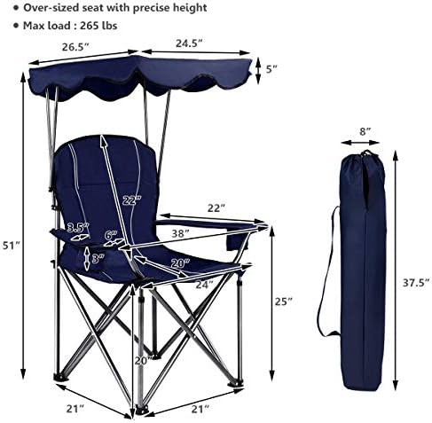 Cadeira de acampamento de gymax, cadeira dobrável de gramado ao ar livre com dossel, porta -malas e porta -copos, cadeira