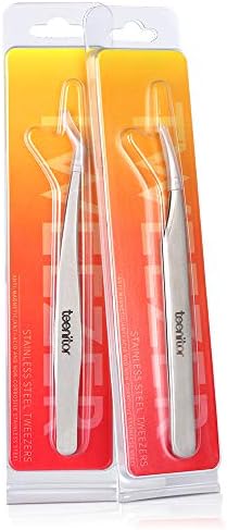 2 peças Extensões de cílios Tweezers, Tweezers de precisão de aço inoxidável profissional Teenitor Professional Conjunto com ponta