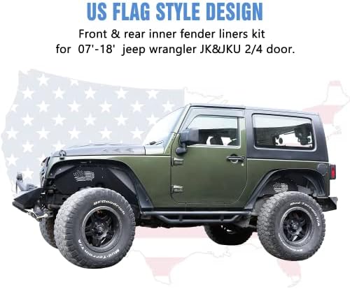 Roader Front & traseiro interno Fender Liners Us Flag Pattern Liner compatível com 2007-2018 Jeep Wrangler JK JKU