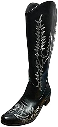 Botas femininas botas de botas femininas de dedão casual de salto comprido são as botas femininas de moda bordadas retro, altas altas sobre a bota de joelho