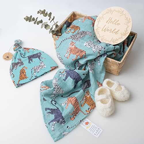 Miaoberry Organic Cotton Baby Muslin Swaddle Blanket Conjunto | Tiger em Teal | Neutro de gênero para meninos meninas | Hospital