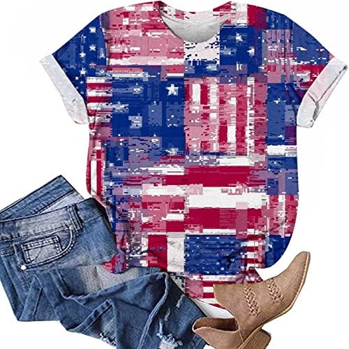 Ausyst Womens 4 de julho American Bandle T-shirt 2023 Verão Casual Casual pescoço curto Manga curta camisetas patrióticas