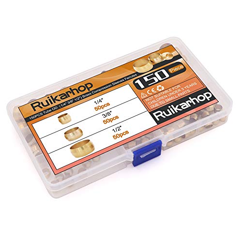 Ruikarhop 150pcs tubo od （1/4 3/8 1/2 ) mangas de compressão de latão Ferrules, kit de sortimento de ajuste de compressão de latão