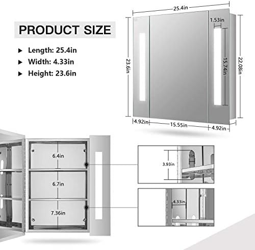 Dangjin 25 x 23 polegadas LED Cabinete de remédios para banheiro com espelho, gabinete de remédios para superfície de alumínio, prateleiras
