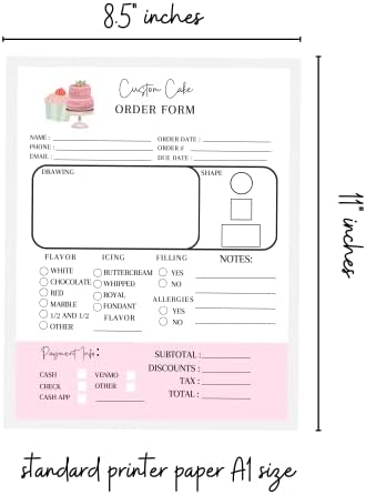 Folhas de formulário de pedidos de bolo personalizado | 50 pk | para padeiros sobremesas de festas de festas de festas