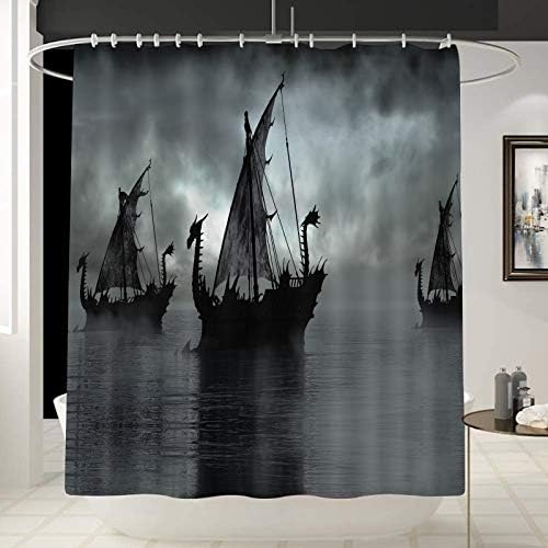 Decoração nórdica Vikings Dreino de cortina de chuveiro de navio, barril de fantasia Arte da cor preto e branco Dragão