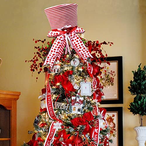 Chapéu de caça ao topo da árvore de Natal, decoração de árvore de Natal Red e White Stripes Top Hat para o Natal da Árvore