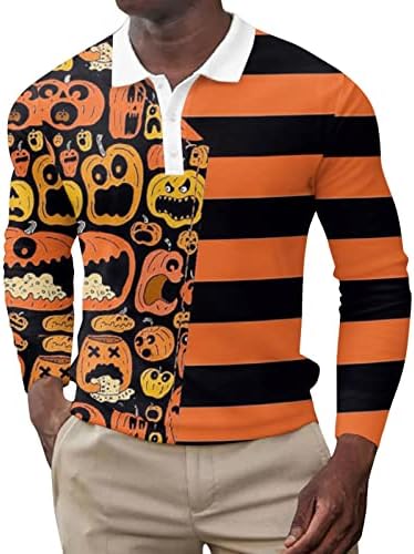 Xxbr halloween camisas de pólo para homens, gráficos engraçados de manga comprida Skeleleton Pumpkin Golf Tops Festumes Designer Shirt