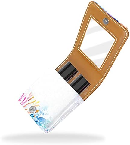 Caixa de batom com espelho aquarela colorida coral brilho labial portátil Batom de batom portátil Bolsa de maquiagem de maquiagem Mini bolsa cosmética de couro segura 3 batom de batom