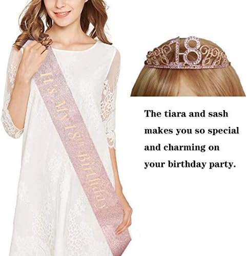 18º aniversário rosa Tiara e Sash Glitter Cetin Sash e Crystal Rhinestone Tiara Crown for Happy 18th Birthday Party Supplies Favors Decorações