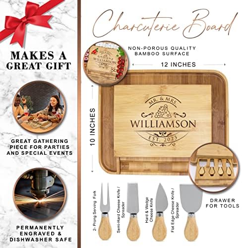 Charcutaria premium personalizada e bandeja de queijo servir com ferramentas de utensílios de espalhador para nova casa, aniversário