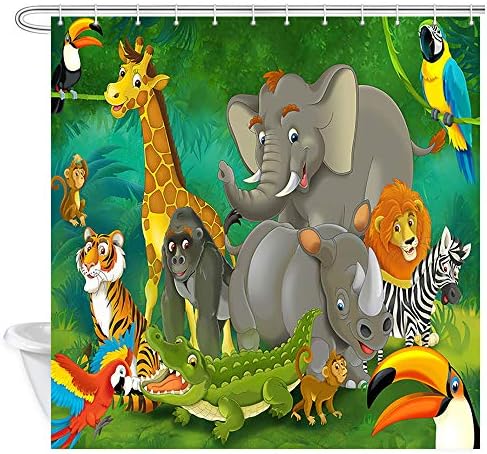 Animal selvagem para crianças, elefantes e girafas e girafas na floresta, tecido de poliéster crianças cortinas de banho de