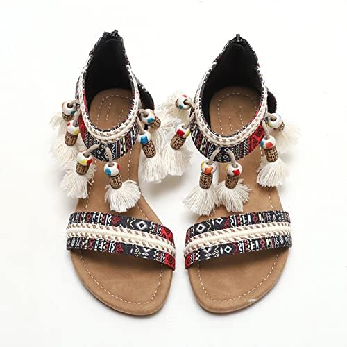 Sandálias para o estilo étnico feminino Bohemian Tassel Flats Roman Sandals Roman Summer Beach Casual Sapatos de festa de festa