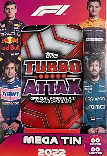 Topps 2022 Fórmula 1 Racing Super Elite Turbo Attax Sealed Mega Tin com cartões exclusivos Max Verstappen e Lewis Hamilton e 4 edições