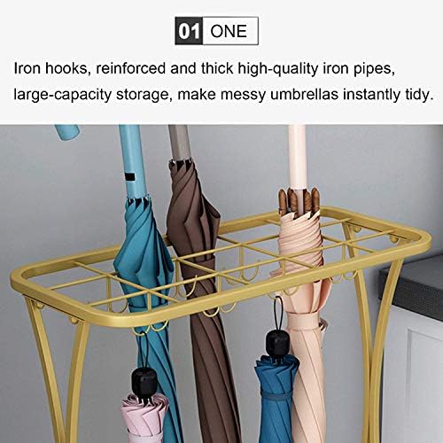 Rack de suporte de guarda -chuvas Fazrpip com gancho e bandeja de gotejamento removível, guarda -chuvas de metal para entrada, escritório/ouro/60 * 24 * 50cm