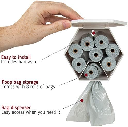 LEASHBoss Dispensador de cocô de cachorro Montante de parede com recipiente para armazenamento extra, porta -malas para cachorros para estações de resíduos de animais de estimação, inclui 8 rolos de sacos de resíduos biodegradáveis ​​sem perfume