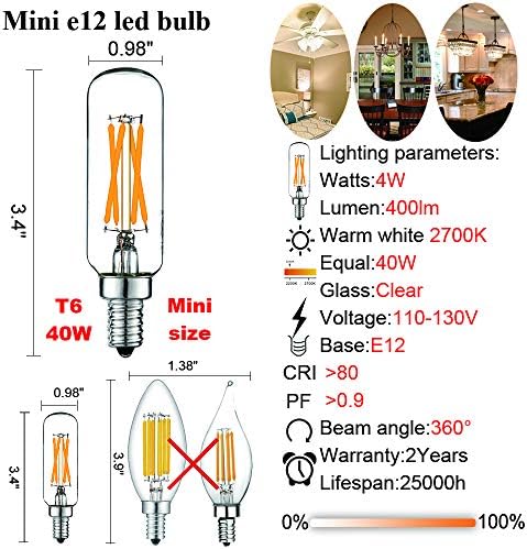 LiteHistory Dimmable T6 LED BULBO 40W Candelabra liderou 2700k Clear 400lm 4W E12 Edison Bulb 6pack