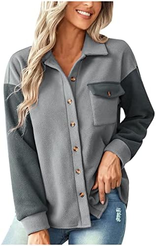 Mulher lapela de manga comprida camisa cor bloqueio de botão para baixo jaqueta shacket namorado blusa casual tops Outwears