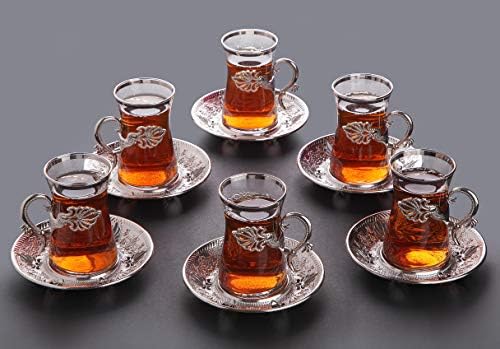 Lamodahome Turkish Arabic Tea Glasses Tarde Amantes de chá de chá Conjunto de xícara de chá de 6 com titulares de cores douradas e pires - Fancy Vintage Handmade Set, presente, Teatime