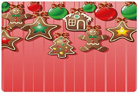 Ambesonne Gingerbread Man Pet tapete para comida e água, biscoitos de Natal e bugigangas de gravação de massa simbólica, tapete de borracha sem deslizamento para cães e gatos, 18 x 12, multicolor