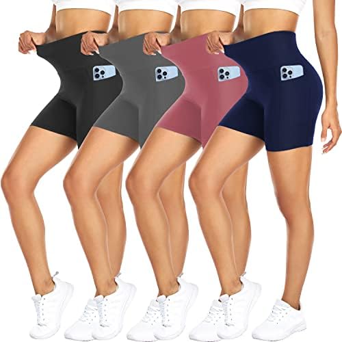 Fullsoft 4 Pack Biker Shorts para mulheres com bolsos - 5 de coragem de coragem de cintura alta Yoga Running Gym calças curtas