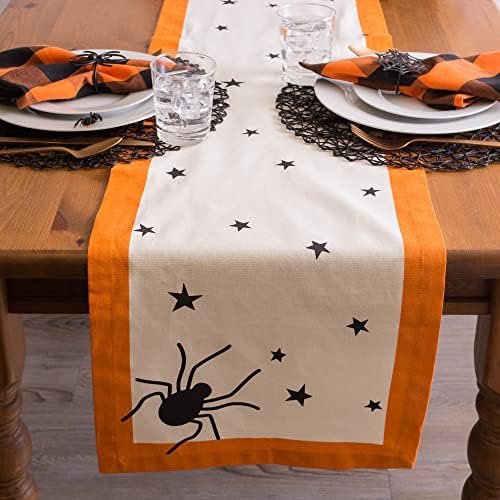 Coleção de mesa de Halloween Dii Stars pretas ousadas ou aranha assustadora com borda laranja em fundo natural esbranquiçado, lavável máquina, 14x108 Table Runner